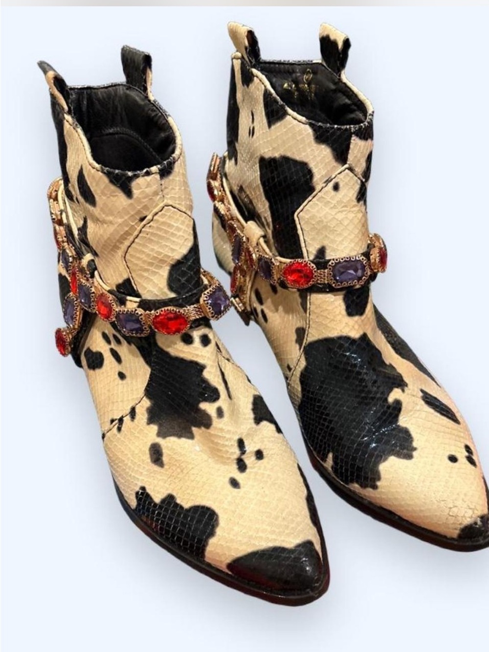 Liliana Cream and Black Cow-Print Ankle Boots with Jewel Harness